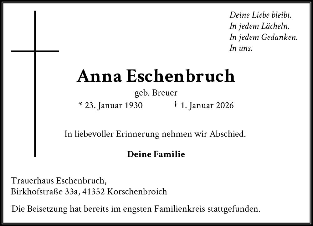  Traueranzeige für Anna Eschenbruch vom 24.01.2026 aus Rheinische Post