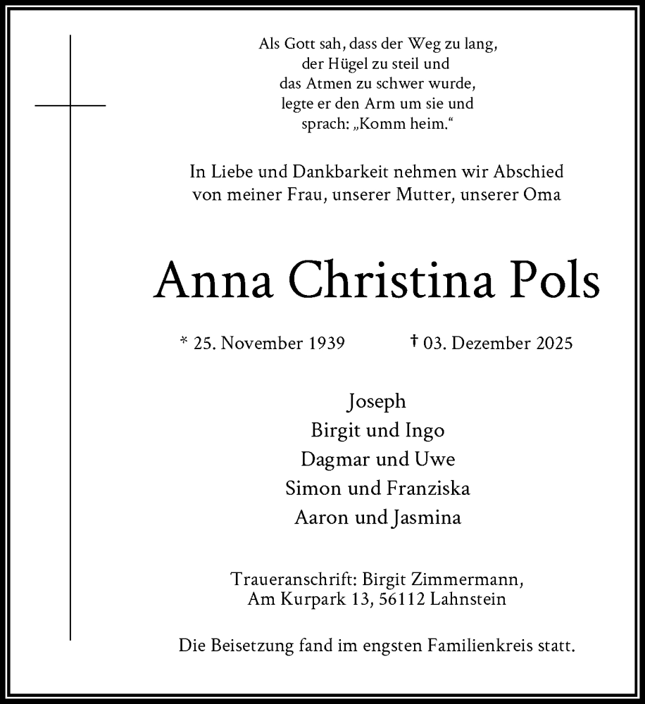  Traueranzeige für Anna Christina Pols vom 03.01.2026 aus Rheinische Post