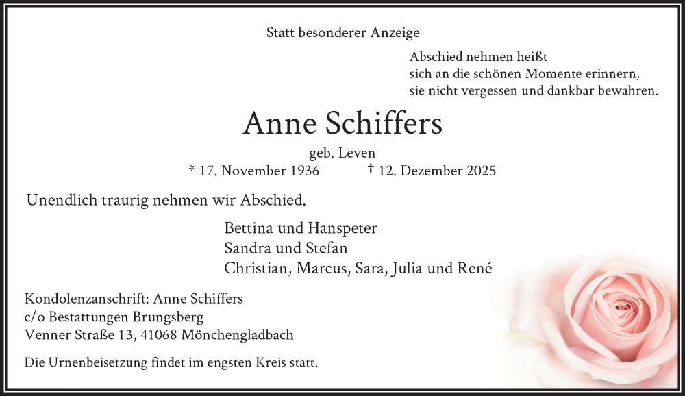  Traueranzeige für Anne Schiffers vom 10.01.2026 aus Rheinische Post