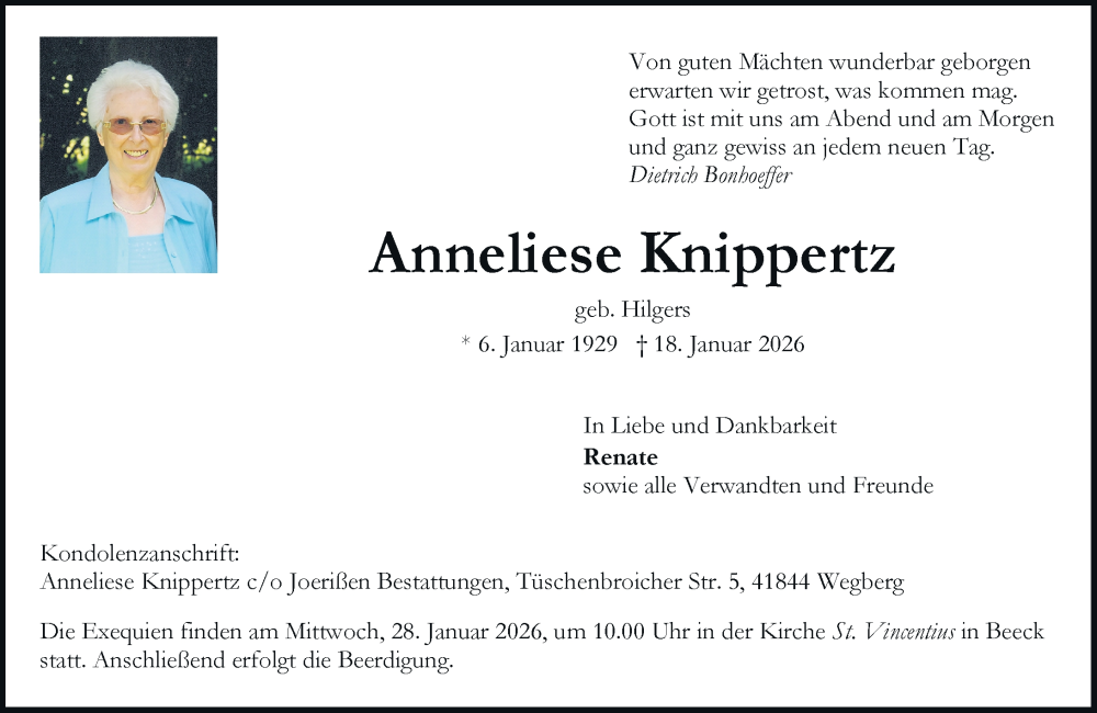  Traueranzeige für Anneliese Knippertz vom 24.01.2026 aus Rheinische Post
