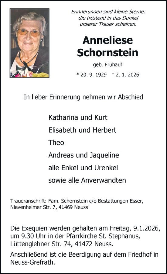 Traueranzeige von Anneliese Schornstein von Rheinische Post