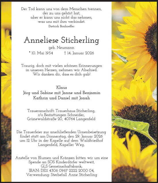 Traueranzeige von Anneliese Sticherling von Rheinische Post