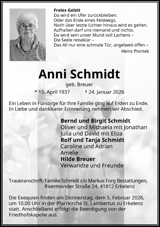 Traueranzeige von Anni Schmidt von Rheinische Post