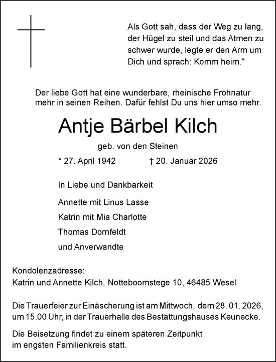 Traueranzeige von Antje Bärbel Kilch von Rheinische Post