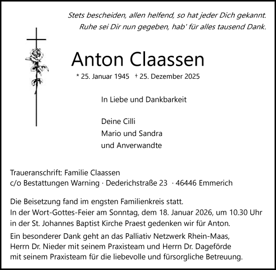 Traueranzeige von Anton Claassen von Rheinische Post