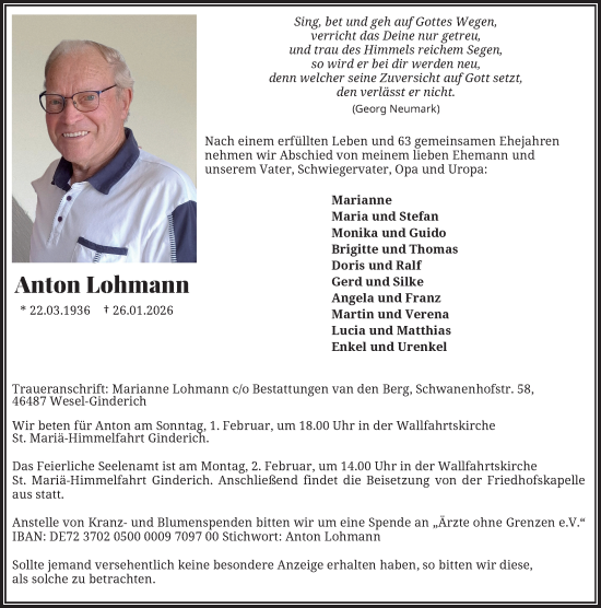 Traueranzeige von Anton Lohmann von Rheinische Post