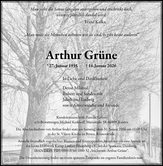 Traueranzeige von Arthur Grüne von Rheinische Post
