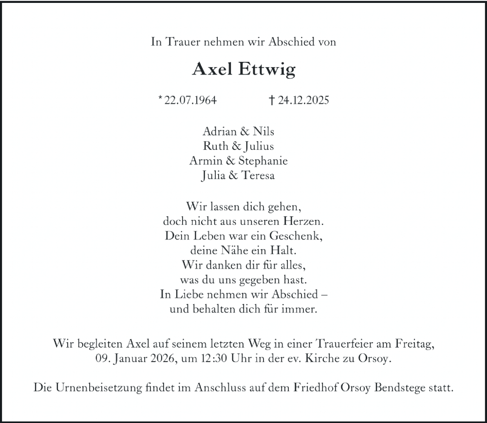  Traueranzeige für Axel Ettwig vom 03.01.2026 aus Rheinische Post