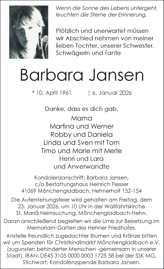 Traueranzeige von Barbara Jansen von Rheinische Post