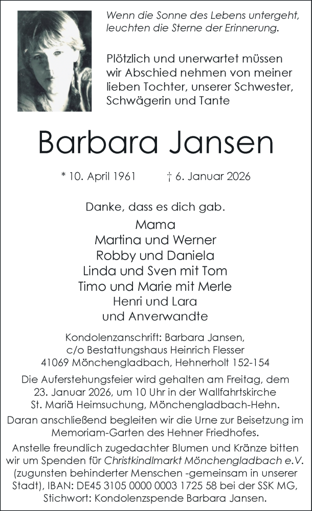  Traueranzeige für Barbara Jansen vom 17.01.2026 aus Rheinische Post