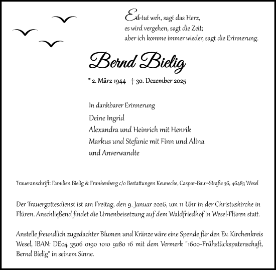 Traueranzeige von Bernd Bielig von Rheinische Post