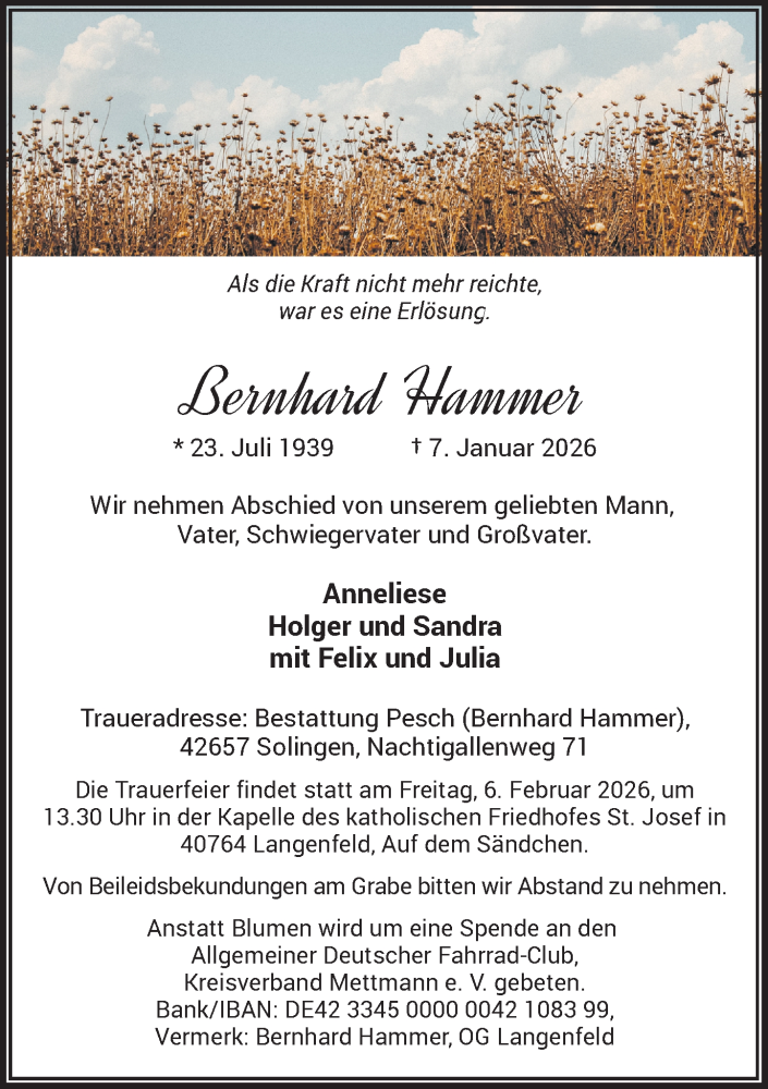  Traueranzeige für Bernhard Hammer vom 24.01.2026 aus Rheinische Post