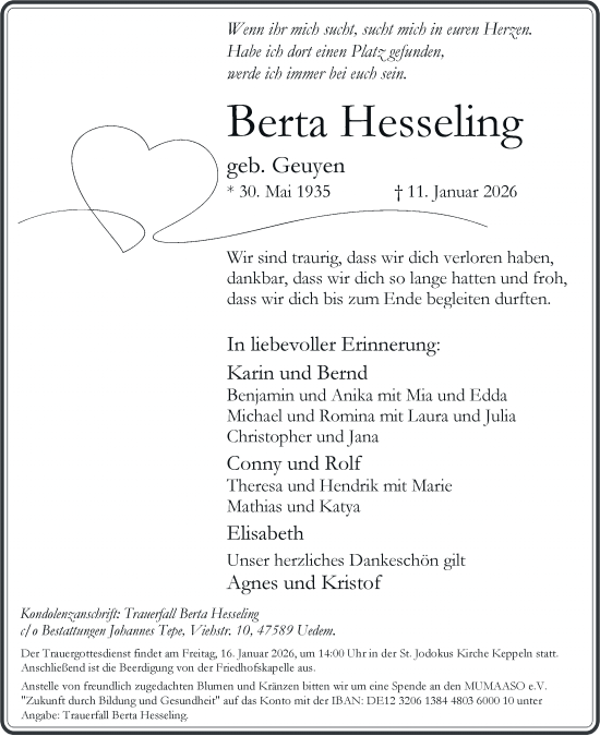Traueranzeige von Berta Hesseling von Rheinische Post