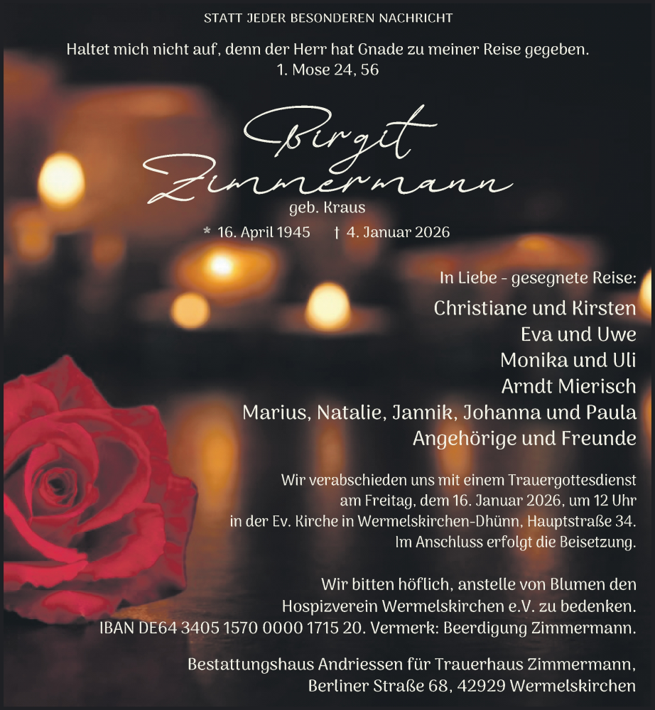  Traueranzeige für Birgit Zimmermann vom 10.01.2026 aus Rheinische Post