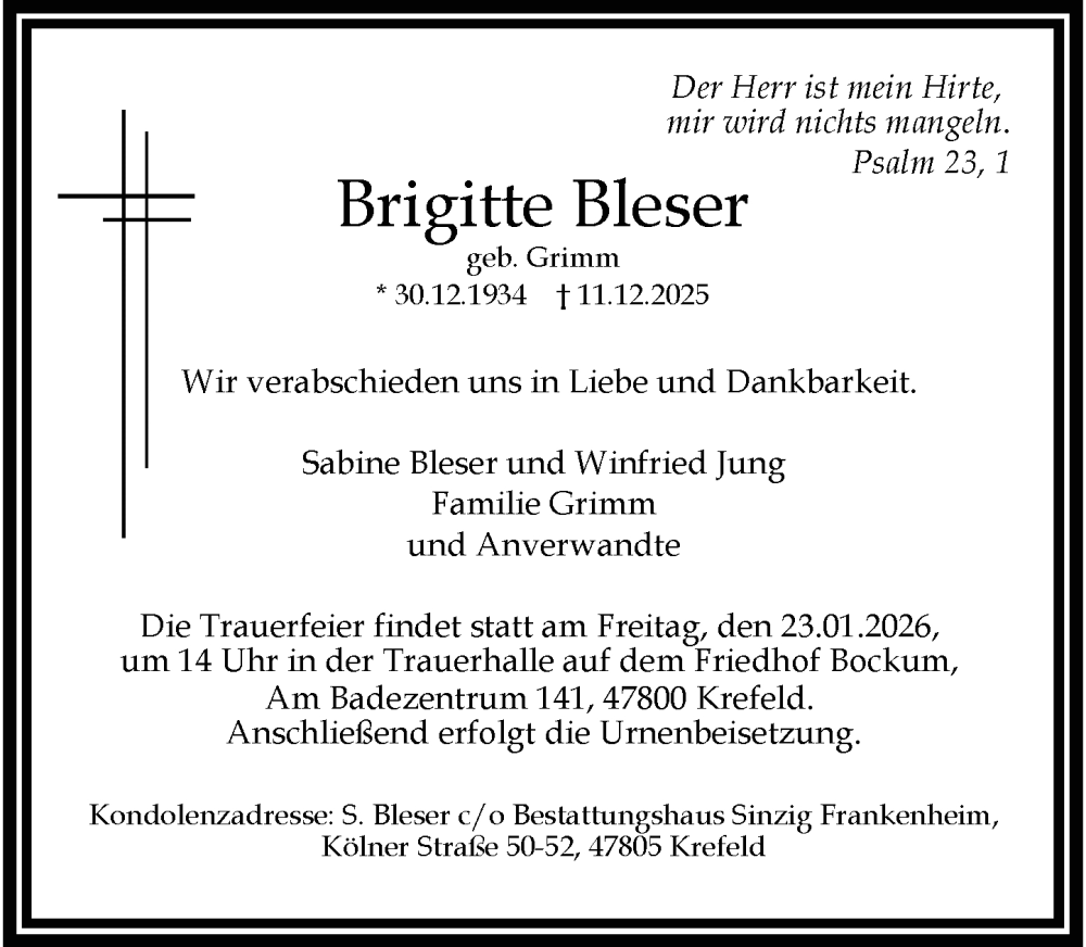  Traueranzeige für Brigitte Bleser vom 17.01.2026 aus Rheinische Post