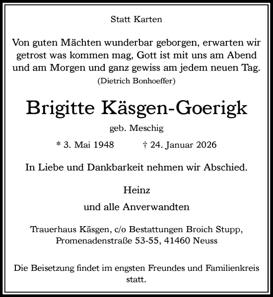 Traueranzeige von Brigitte Käsgen-Goerigk von Rheinische Post