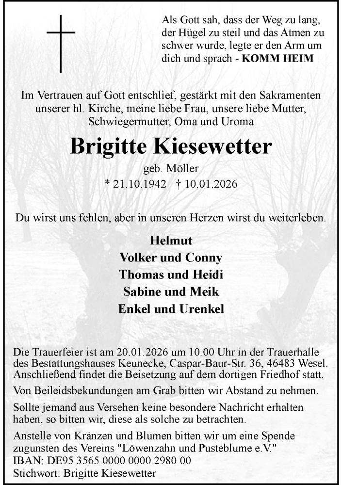  Traueranzeige für Brigitte Kiesewetter vom 17.01.2026 aus Rheinische Post