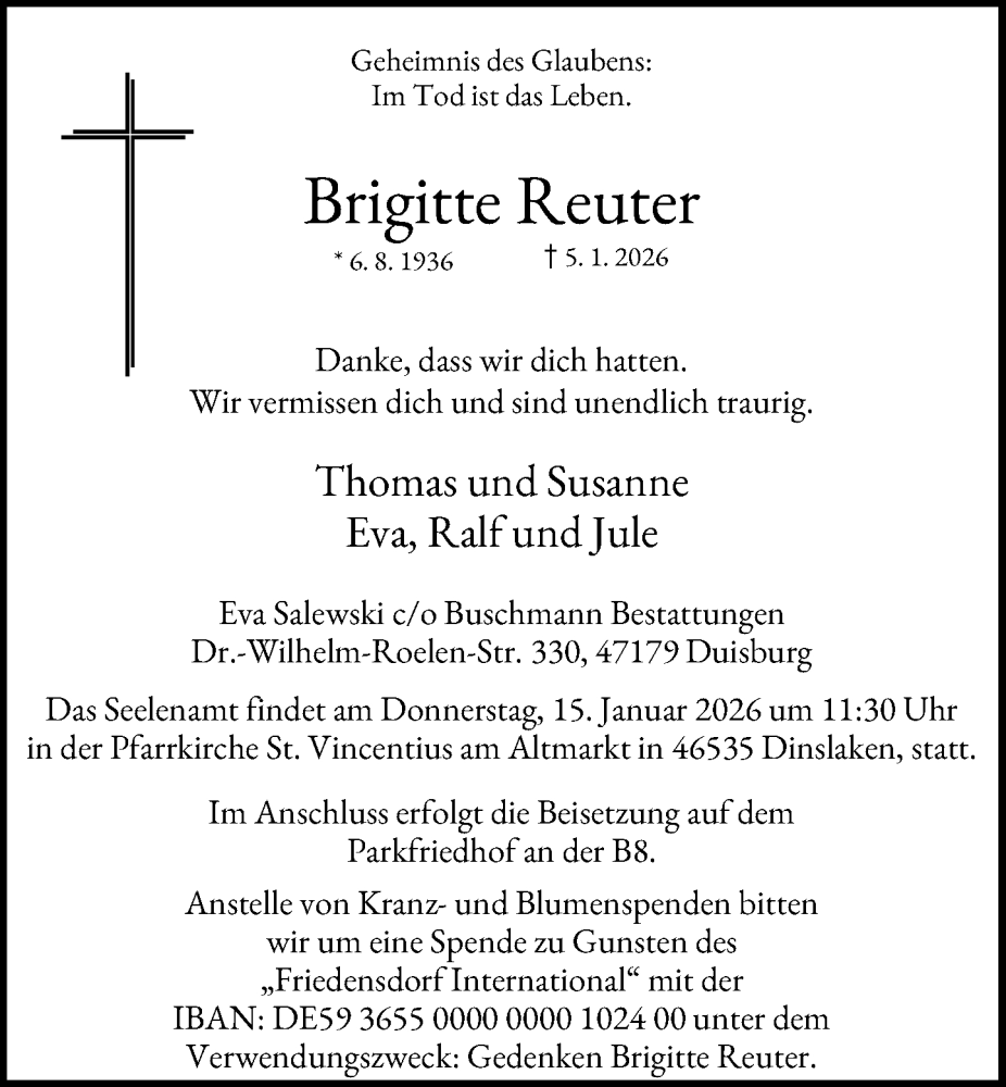  Traueranzeige für Brigitte Reuter vom 10.01.2026 aus Rheinische Post
