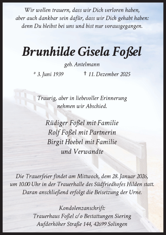 Traueranzeige von Brunhilde Gisela Foßel von Rheinische Post