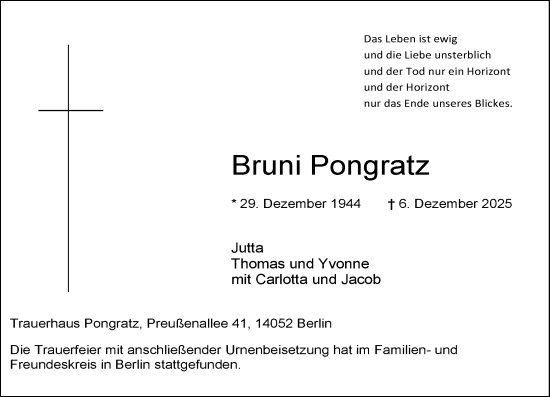 Traueranzeige von Bruni Pongratz von Rheinische Post
