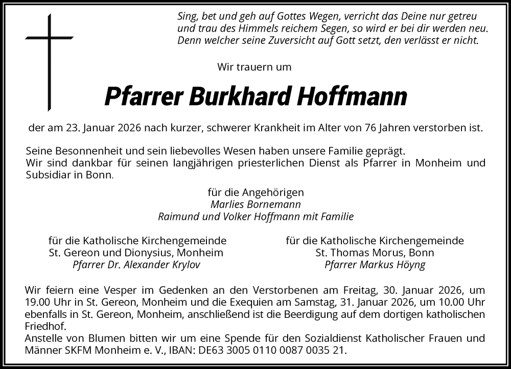  Traueranzeige für Burkhard Hoffmann vom 28.01.2026 aus Rheinische Post