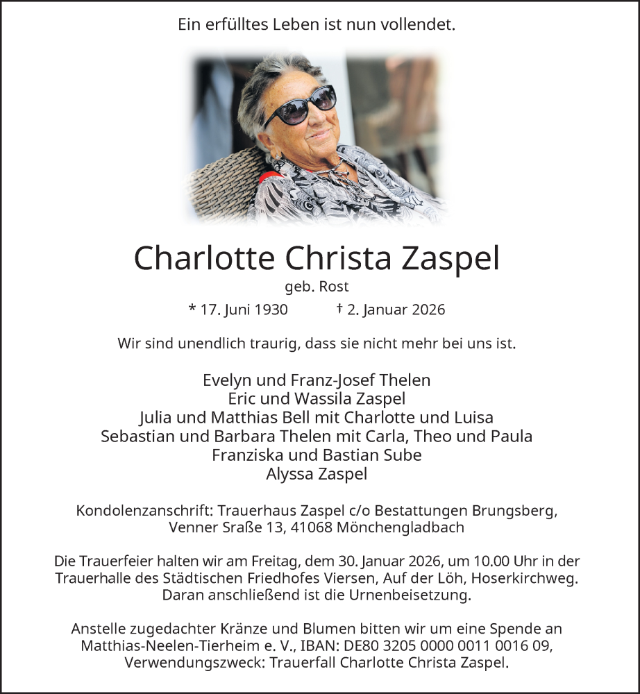  Traueranzeige für Charlotte Christa Zaspel vom 24.01.2026 aus Rheinische Post