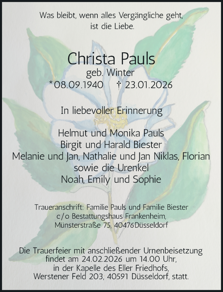  Traueranzeige für Christa Pauls vom 07.02.2026 aus Rheinische Post