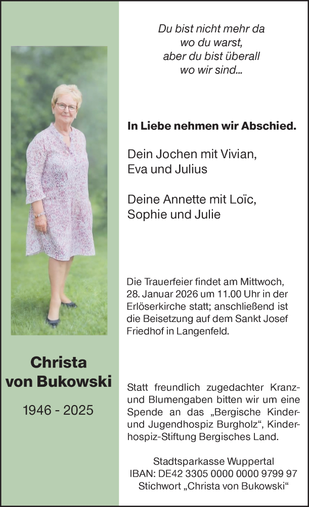  Traueranzeige für Christa von Bukowski vom 24.01.2026 aus Rheinische Post