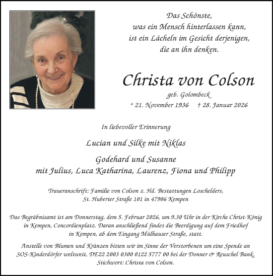 Traueranzeige von Christa von Colson von Rheinische Post