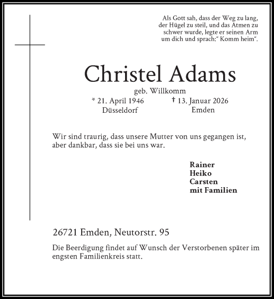 Traueranzeige von Christel Adams von Rheinische Post