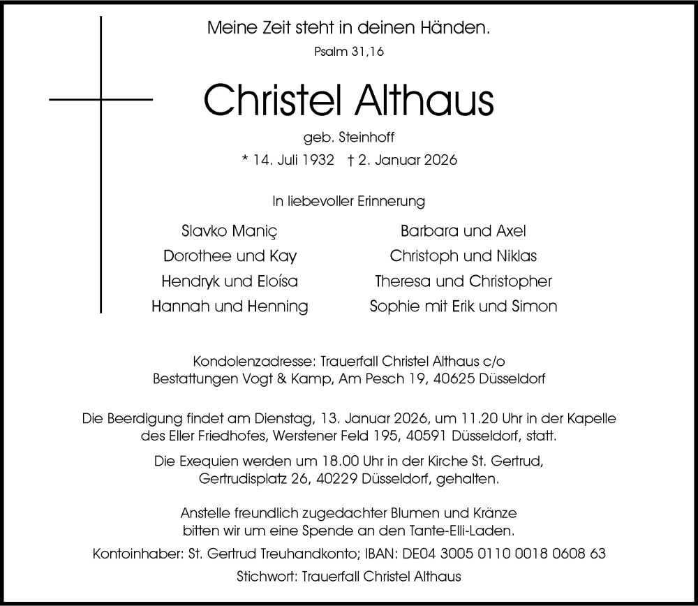  Traueranzeige für Christel Althaus vom 10.01.2026 aus Rheinische Post