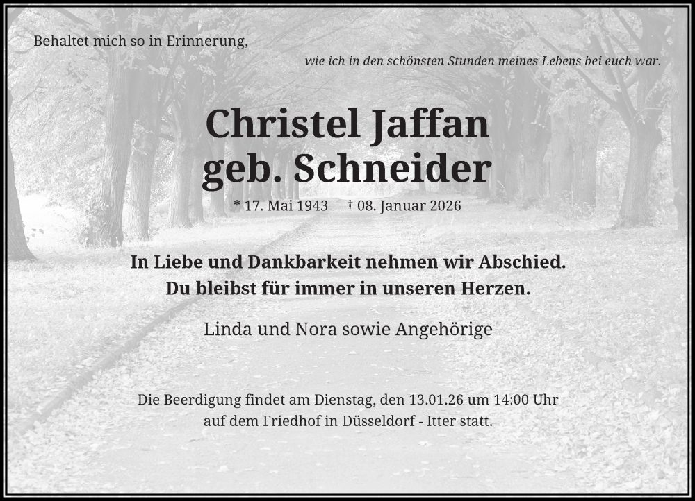  Traueranzeige für Christel Jaffan vom 10.01.2026 aus Rheinische Post