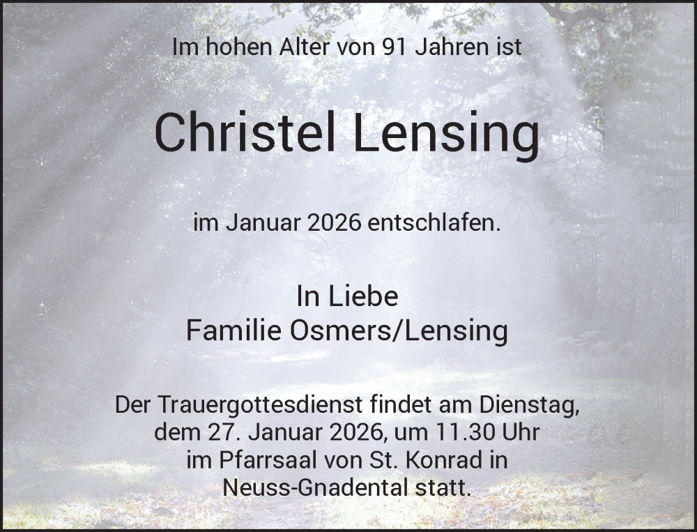  Traueranzeige für Christel Lensing vom 24.01.2026 aus Rheinische Post
