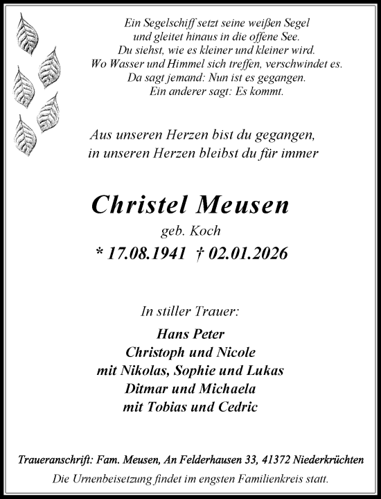 Traueranzeige von Christel Meusen von Rheinische Post
