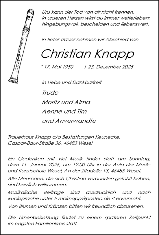 Traueranzeige von Christian Knapp von Rheinische Post