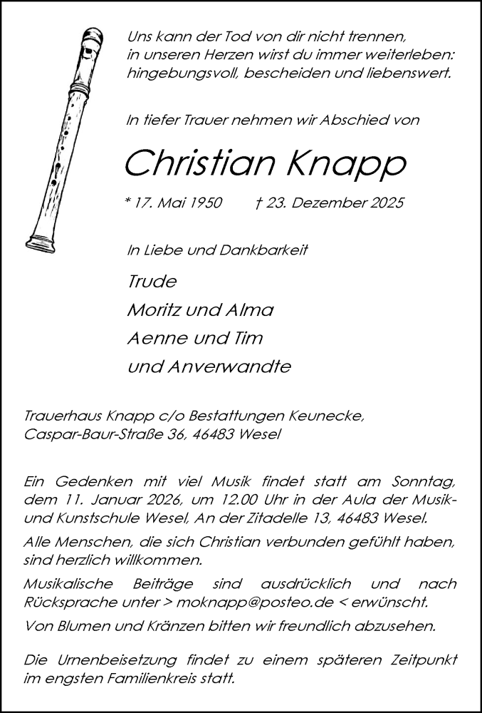  Traueranzeige für Christian Knapp vom 03.01.2026 aus Rheinische Post