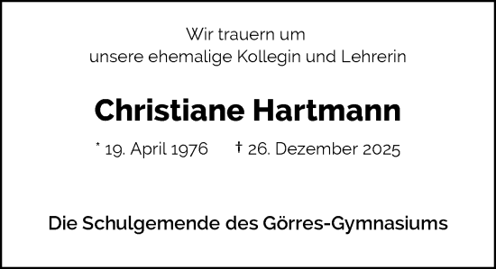 Traueranzeige von Christiane Hartmann von Rheinische Post