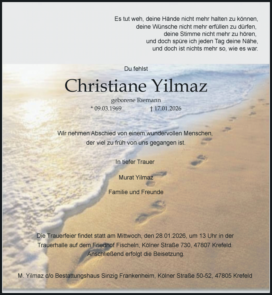  Traueranzeige für Christiane Yilmaz vom 24.01.2026 aus Rheinische Post