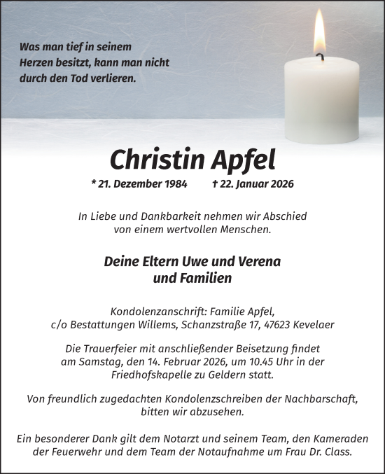 Traueranzeige von Christin Apfel von Rheinische Post