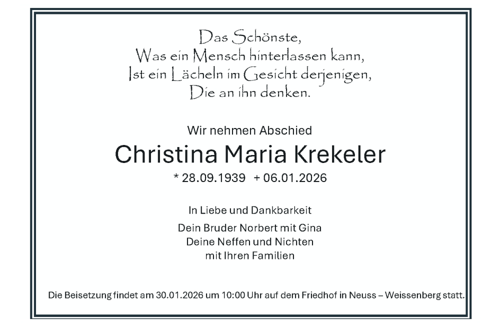  Traueranzeige für Christina Maria Krekeler vom 23.01.2026 aus Rheinische Post