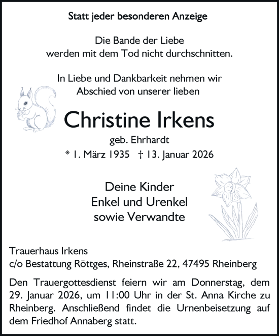 Traueranzeige von Christine Irkens von Rheinische Post