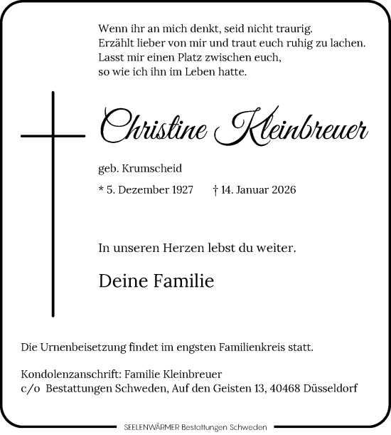 Traueranzeige von Christine Kleinbreuer von Rheinische Post