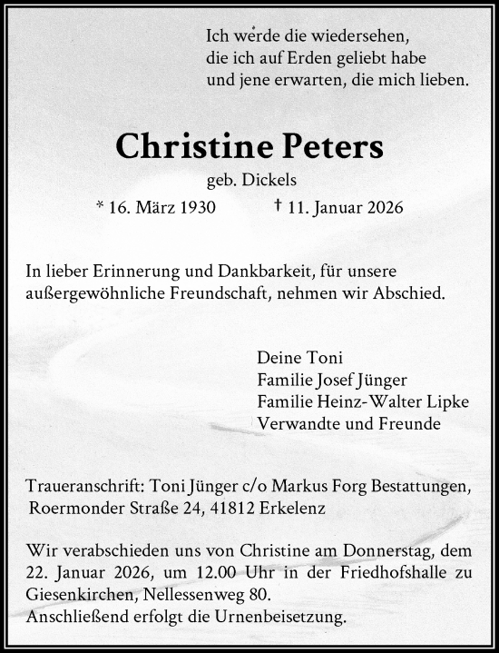 Traueranzeige von Christine Peters von Rheinische Post