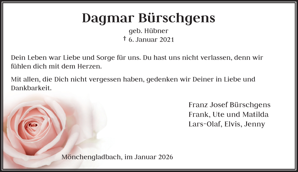  Traueranzeige für Dagmar Bürschgens vom 10.01.2026 aus Rheinische Post