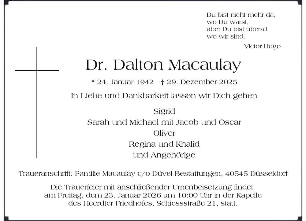  Traueranzeige für Dalton Macaulay vom 10.01.2026 aus Rheinische Post