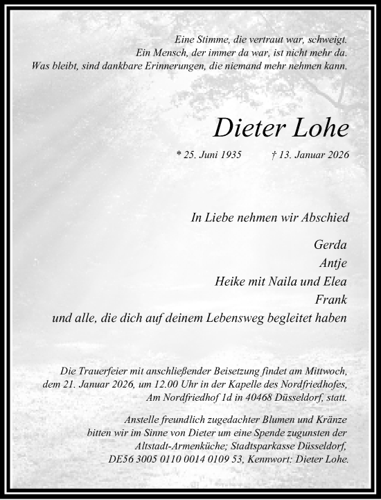 Traueranzeige von Dieter Lohe von Rheinische Post