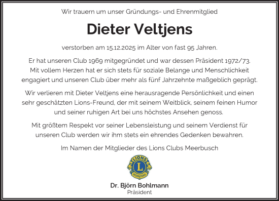 Traueranzeige von Dieter Veltjens von Rheinische Post