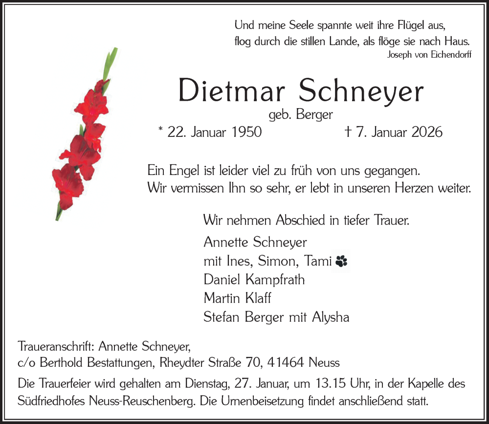  Traueranzeige für Dietmar Schneyer vom 21.01.2026 aus Rheinische Post