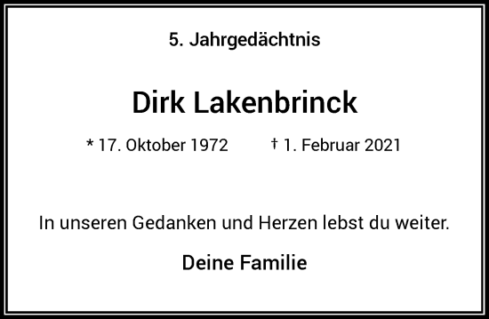 Traueranzeige von Dirk Lakenbrinck von Rheinische Post