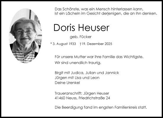 Traueranzeige von Doris Heuser von Rheinische Post